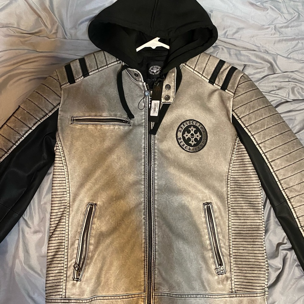 AFFLICTION Distressed zip front lined motorcycle jacket